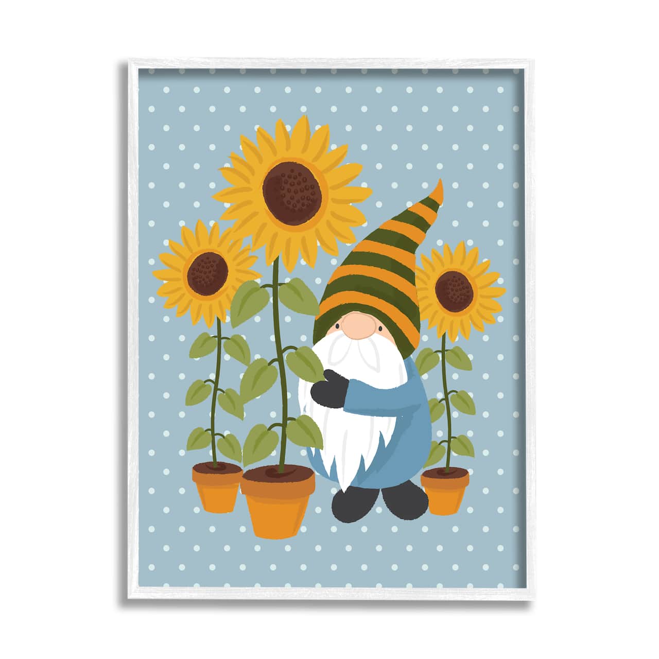 Stupell Industries Sunflower Garden Gnome Striped Hat Blue Polka Dots in White Frame Wall Art
